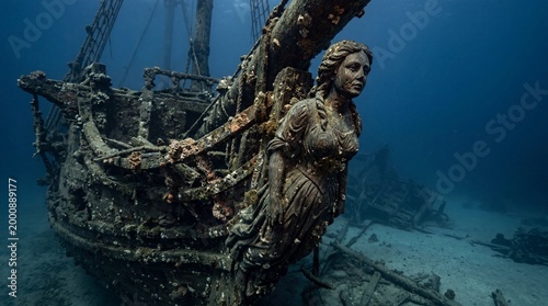 Ancient underwater shipwreck with ornate figurehead and coral