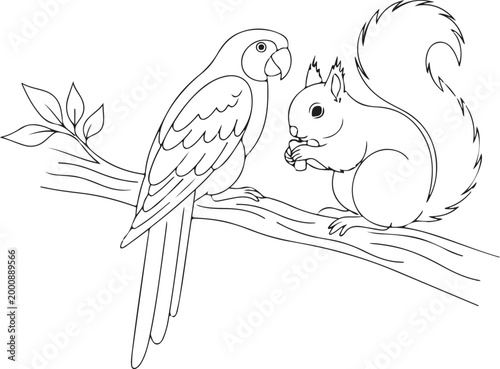 Parrot and squirrel wildlife line art vector on white background