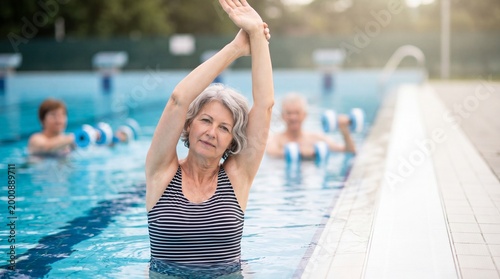 Senior woman with gray hair actively stretches her arms during an invigorating aqua aerobics class in a refreshing outdoor swimming pool.
