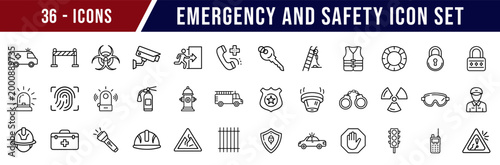 Emergency and Safety Icons Collection Featuring Firefighting, Medical, Security, and Hazard Symbols for Diverse Applications