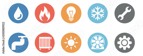 Utilities and Mechanical System Icons in Vector Style, Water Fire Electricity Cooling and Tools Symbols for Engineering and Infrastructure Design