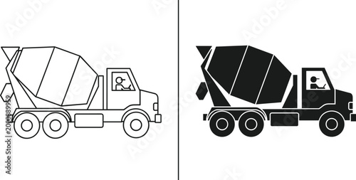 Vector illustration of a concrete mixer truck in both outline and solid black silhouette styles for construction and industrial design