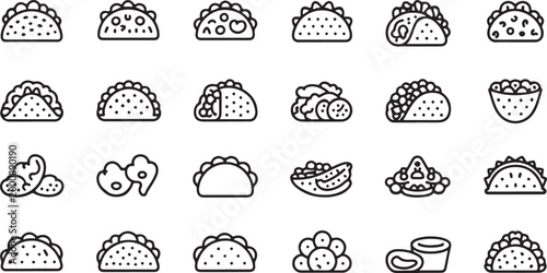 Various food and drink icons showcase a simple, minimalist line art style featuring coffee, burgers, donuts, and more delicious treats, silhouette vector design on transparent background.