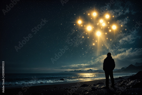 Matariki Maori New Year remembrance silhouette on volcanic shore in Aotearoa looking at Pleiades star cluster lunar calendar tradition renewal