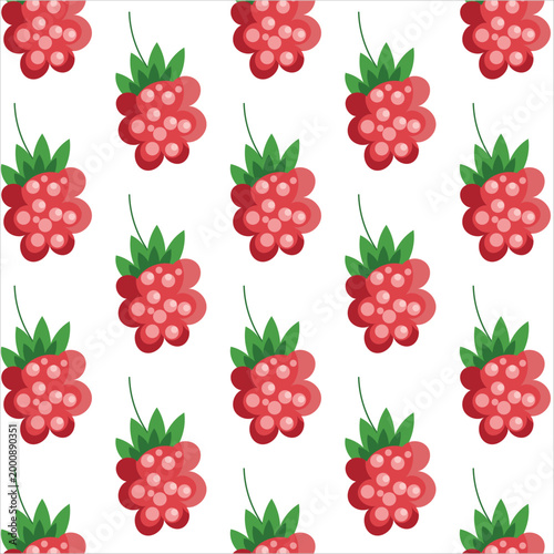 Raspberry seamless pattern vector illustration. Healthy red berry background with repeating raspberries and green leaves for organic food packaging, textile and wallpaper design.