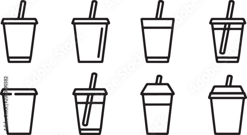 Vector graphic of drinking utensils icon collection Coffee to go cup icon vector, disposable paper coffee cup set with label, brown container design. Drink Icon representing beverages, refreshment, 