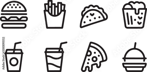 Collection of fast food icons including burgers and fries on white background Collection of simple black and white line art icons Fast food icon