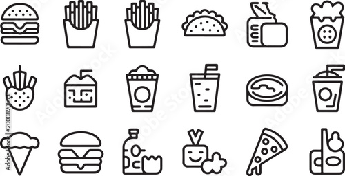 Collection of fast food icons including burgers and fries on white background Collection of simple black and white line art icons Fast food icon