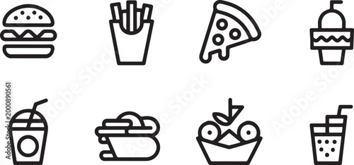 Collection of fast food icons including burgers and fries on white background Collection of simple black and white line art icons Fast food icon