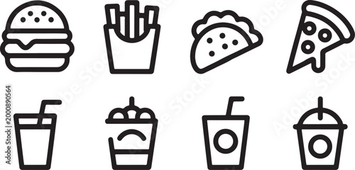 Fast food icons collection Black Silhouette Icons of Fast Food Favorites  fast food, icons, silhouette, burger  Simple black icons of popular fast food items including a burger hot dog fries 