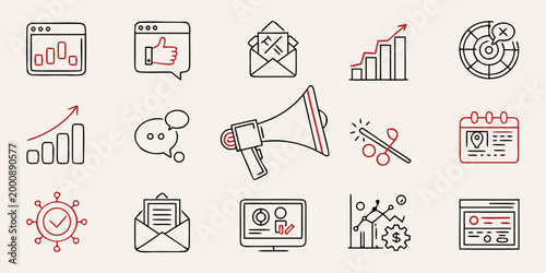 Digital marketing and business icon set featuring megaphone and data analytics marketing business megaphone strategy analysis calendar optimization communication announcement planning