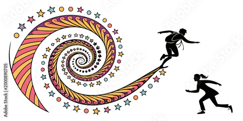 Abstract graphic illustration of man running on creative swirling spiral pattern towards woman with silhouette illustration abstract movement creative colorful decorative whirlpool interaction