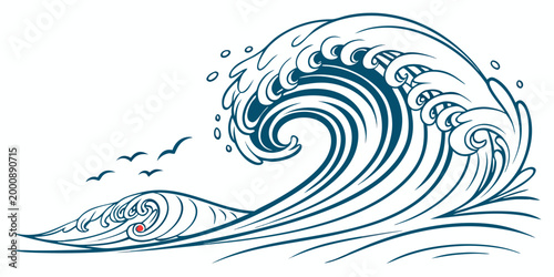 Stylized illustration of large ocean wave crashing with seagulls and minimalist details illustration splashing seagulls swelling artistic minimalist vacation seascape environment elements