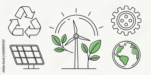 Eco friendly technology icon set featuring wind energy solar power recycling earth sustainability sustainable renewable environment recycling electricity sustainability technology industry
