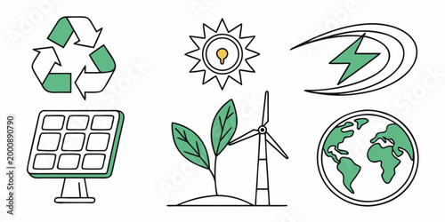 Environmental sustainability icons including renewable energy and recycling symbols with eco friendly renewable sustainability environment conservation illustration friendly resource business