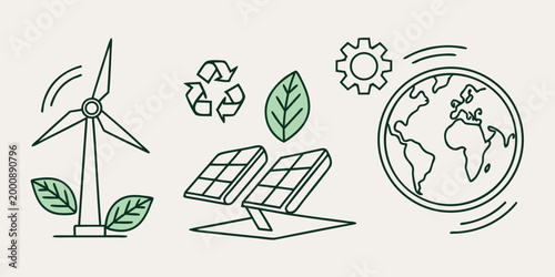 Renewable energy and ecological sustainability hand drawn graphic icons with sustainability environment renewable recycling conservation resources generation protection friendly innovation