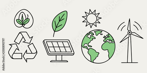 Sustainable green energy and environmental conservation icon set with sustainability environment renewable recycling conservation alternative illustration sustainable resources generation