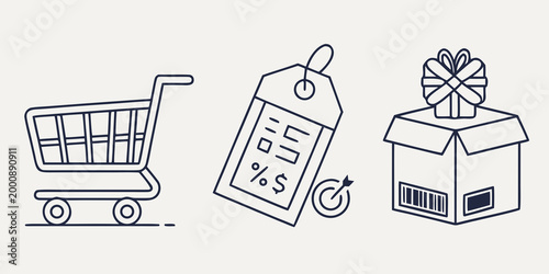 Minimalist e-commerce line icon set including shopping cart sale tag and gift box ecommerce shopping discount business marketing promotion consumer purchase merchandise logistics delivery