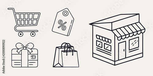 Set of shopping and e-commerce related icons including store cart and gift with shopping ecommerce business marketing purchase consumer discount commercial collection illustration checkout