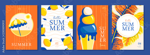 Set of summer Italian posters or covers with ice cream, lemons, beach umbrella, tropic leaves, seagull and beach landscape. Vector illustration