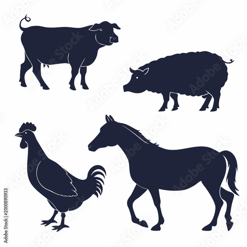 Set of farmhouse animal silhouettes including a cow sheep rooster horse with animal husbandry silhouette livestock agriculture domestic illustration collection isolated creative farmyard