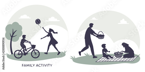 Family activity silhouette illustration set of outdoor recreation and picnics with silhouette activity recreation children lifestyle childhood parenting togetherness illustration elements