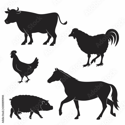 Farm animals silhouette set featuring cow chicken horse sheep animal husbandry silhouette livestock agriculture domestic illustration collection isolated creative farmyard creature