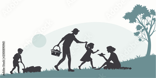 Family picnic silhouette illustration with parents and children enjoying outdoor nature activities silhouette children recreation happiness lifestyle togetherness vacation activity landscape