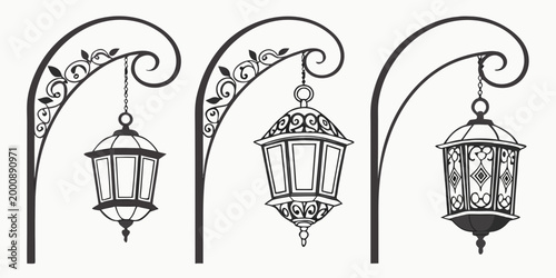 Set of three vintage hanging street lamps on ornate metal wall brackets with wrought iron lighting illustration classical decorative architecture collection silhouette scrollwork ornament