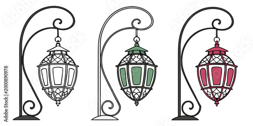 Three decorative lanterns on curved metal floor lamp stands with decorative lighting illustration interior exterior decoration ornament sculptural silhouette isolated collection traditional