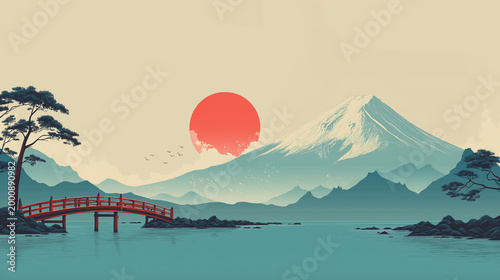 mountain river minimal illustration japan aesthetic