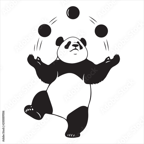 black panda silhouette juggling balls clean lines design