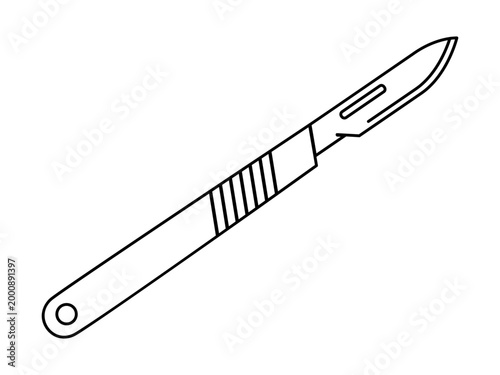 Hand drawn cute outline illustration of metal scalpel. Flat vector cutter medical tool line art doodle. Emergency procedure. Health care operation sticker, icon. Sharp blade surgical knife. Isolated.