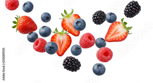 Mixed berries and sliced strawberries floating isolated on transparent background
