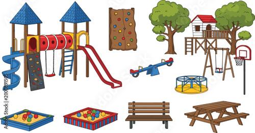 Playground vector collection featuring slides, climbing wall, sandbox, swing set, benches and outdoor park equipment in detailed cartoon illustration style