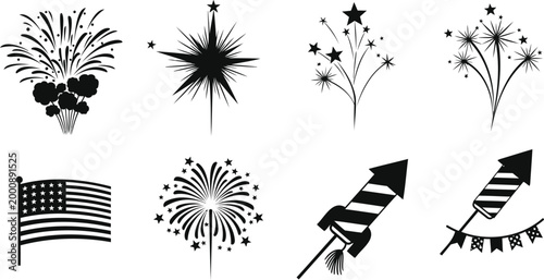 Festive firework explosion and rocket display for independence day event party vector.