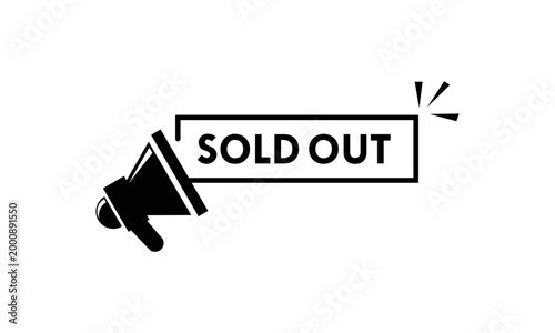 Minimalist black megaphone icon with Sold Out message in an outline frame. Clean vector design for e-commerce stock updates, business alerts, and product availability.