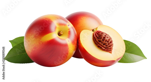 Three ripe nectarines with one cut in half showing pit, isolated on transparent background