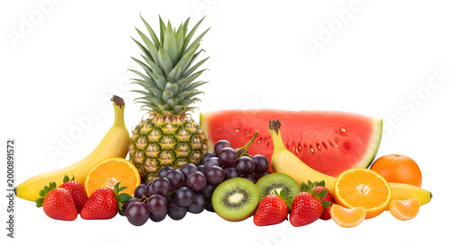 Assorted fresh fruits including pineapple, watermelon, bananas, and berries isolated on transparent background