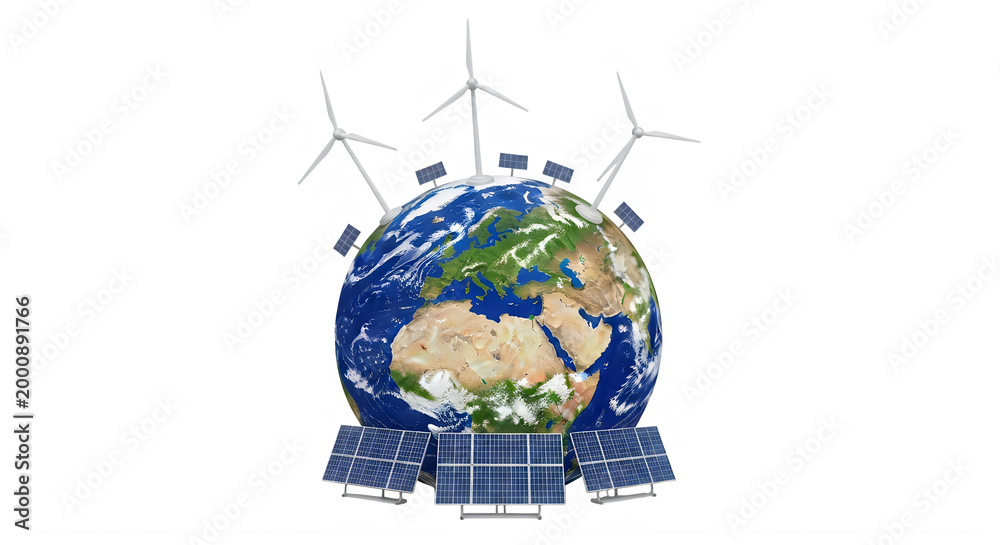 Naklejka premium World environment day sustainable energy solutions wind turbines solar panels protecting our planet