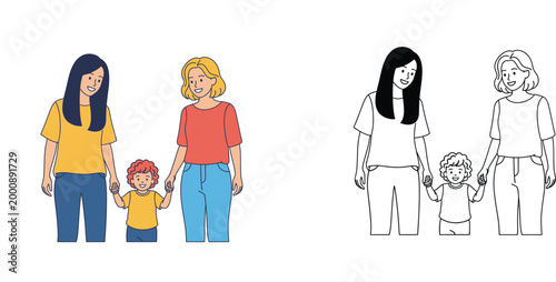 Happy Same Sex Female Couple Mothers with Child Vector Illustration Set and Coloring Page for Kids Diversity Inclusion and LGBTQ Family Concept