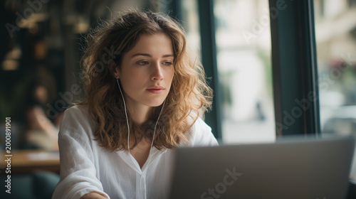 young European professional working on laptop in modern cafe