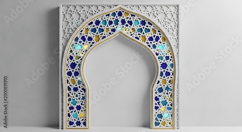 Architectural archway with intricate islamic mosaic patterns middle eastern architecture decorative geometric traditional oriental moroccan arabesque craftsmanship