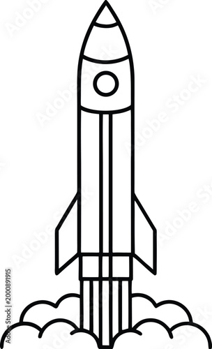Rocket launching from smoke clouds, line art illustration.