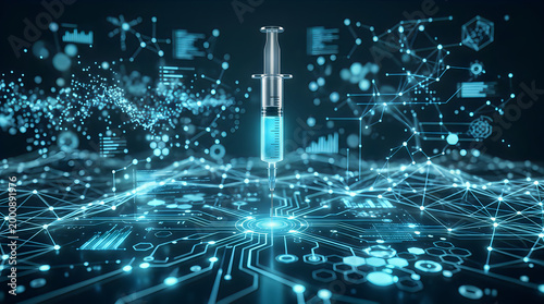 Abstract digital technology concept with glowing syringe and network connections.