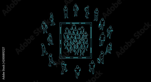 AutoCAD Top View People Vector Set – Square Group Circle Crowd Layout Human Silhouettes Cyan Outline on Black Background