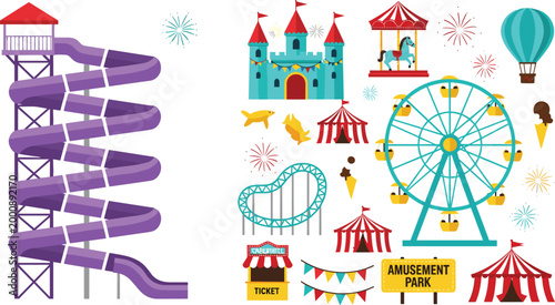 Amusement park vector set featuring spiral slide tower, ferris wheel, circus tents, castle and carnival elements in colorful flat illustration style