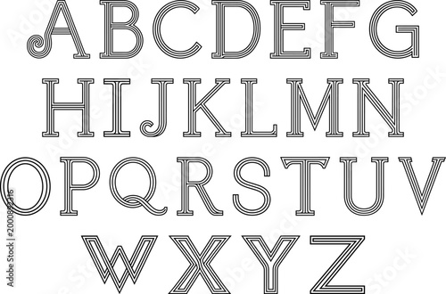 Retro line uppercase letters alphabet vector font typography set featuring vintage decorative striped outline style design elements