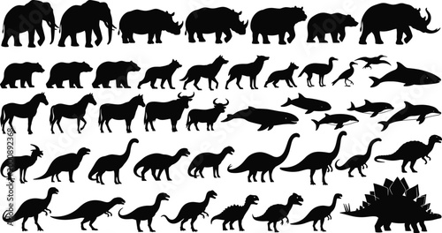 Animal and Dinosaur Silhouettes Icon Set Featuring Wild Animals and Prehistoric Creatures