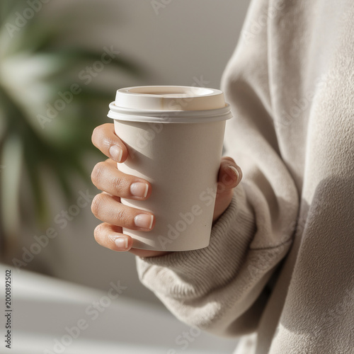 close-up of hand holding coffee cup in minimalist office